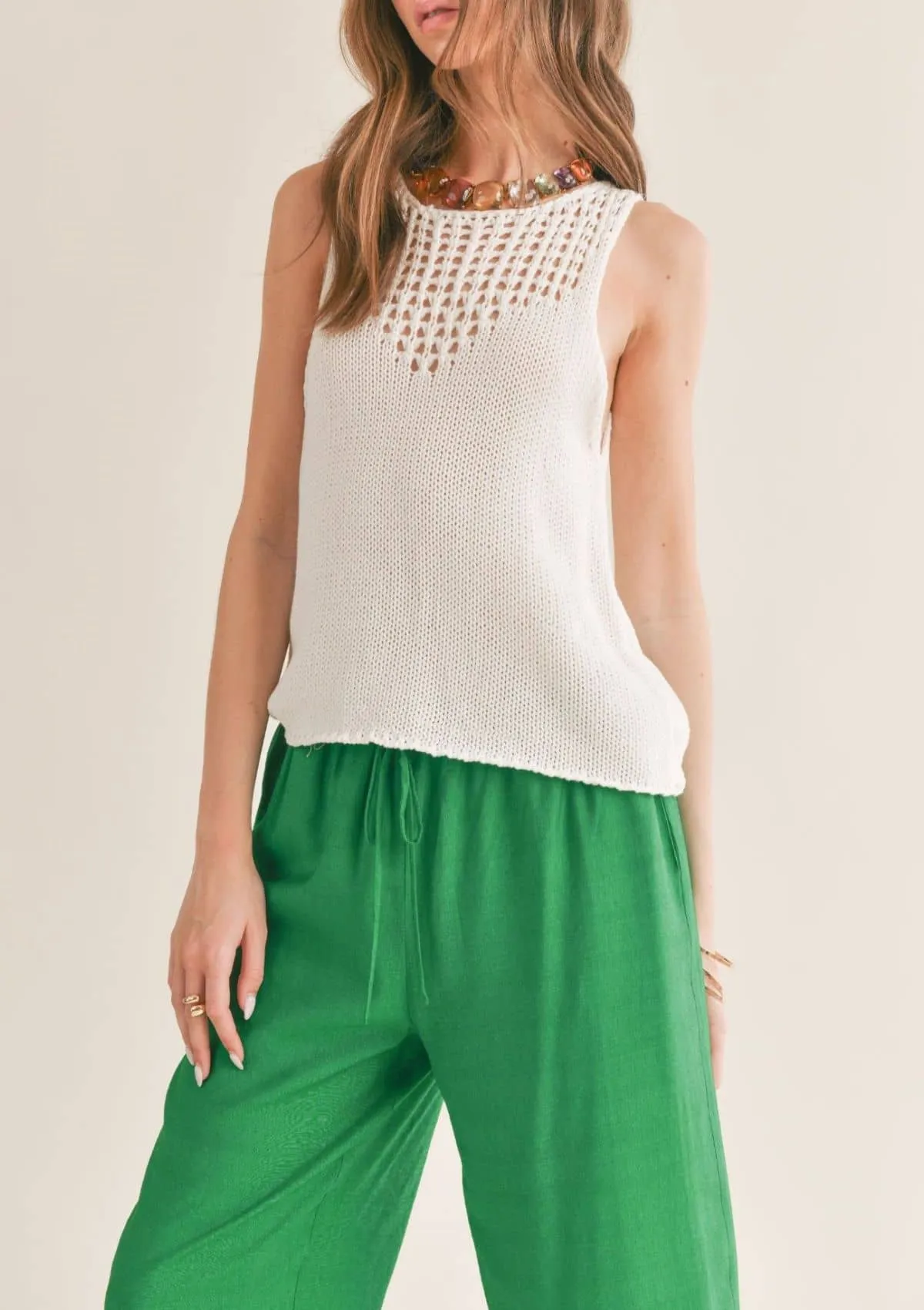 The Breeze Open Knit Neck Detail Sweater Tank Top - Off White