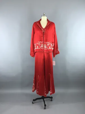 Vintage 1930s Art Deco Chinoiserie Embroidered Silk Satin Pajamas Loungewear Set