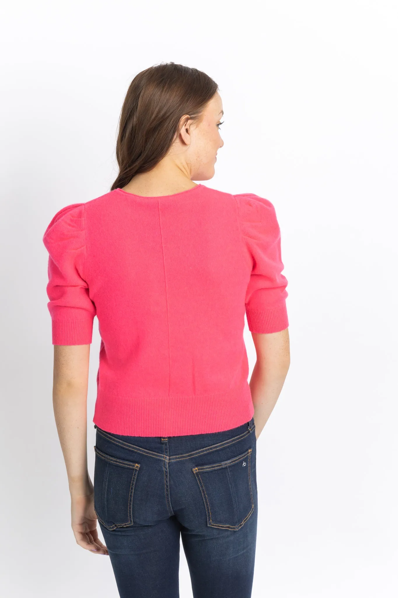 White Warren Cashmere Puff Sleeve Top Neon Berry