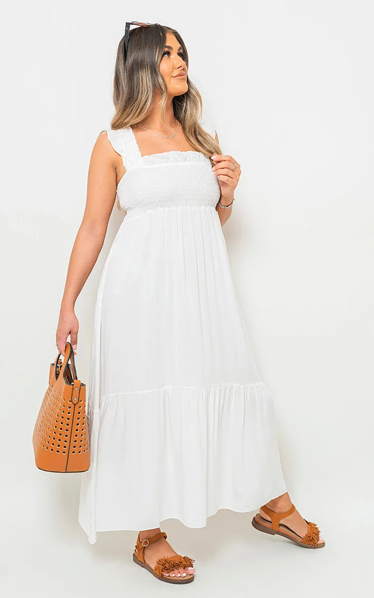 Wide Ruffle Strap Smocked Midi Dress