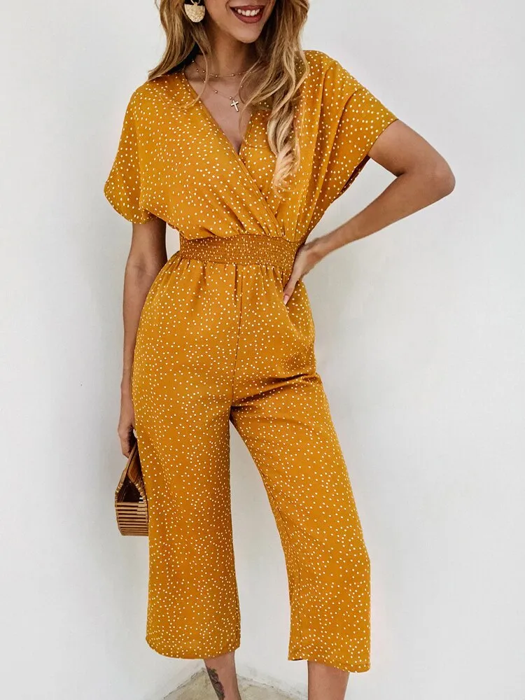 Women Jumpsuits Rompers Casual Print V-neck Pocket Overalls Jumpsuit