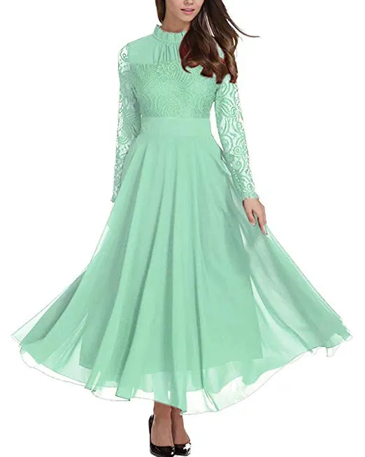 Women's Long Sleeve Chiffon Maxi Dresses Casual Floral Lace Evening Cocktail Party Long Dress