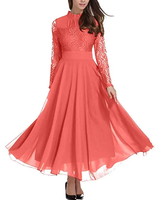 Women's Long Sleeve Chiffon Maxi Dresses Casual Floral Lace Evening Cocktail Party Long Dress