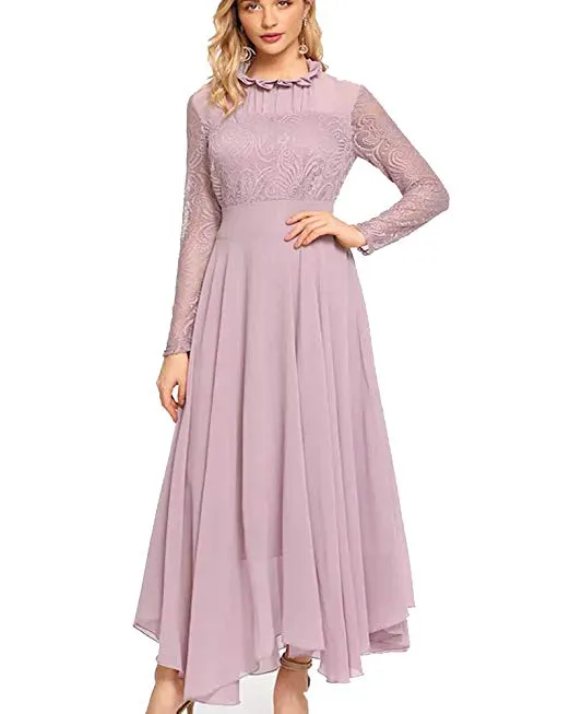 Women's Long Sleeve Chiffon Maxi Dresses Casual Floral Lace Evening Cocktail Party Long Dress