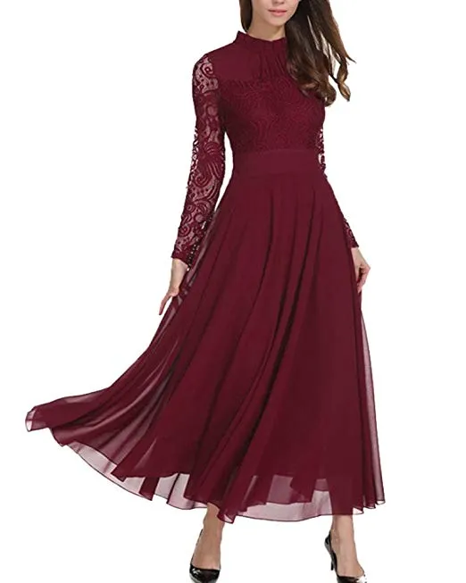 Women's Long Sleeve Chiffon Maxi Dresses Casual Floral Lace Evening Cocktail Party Long Dress