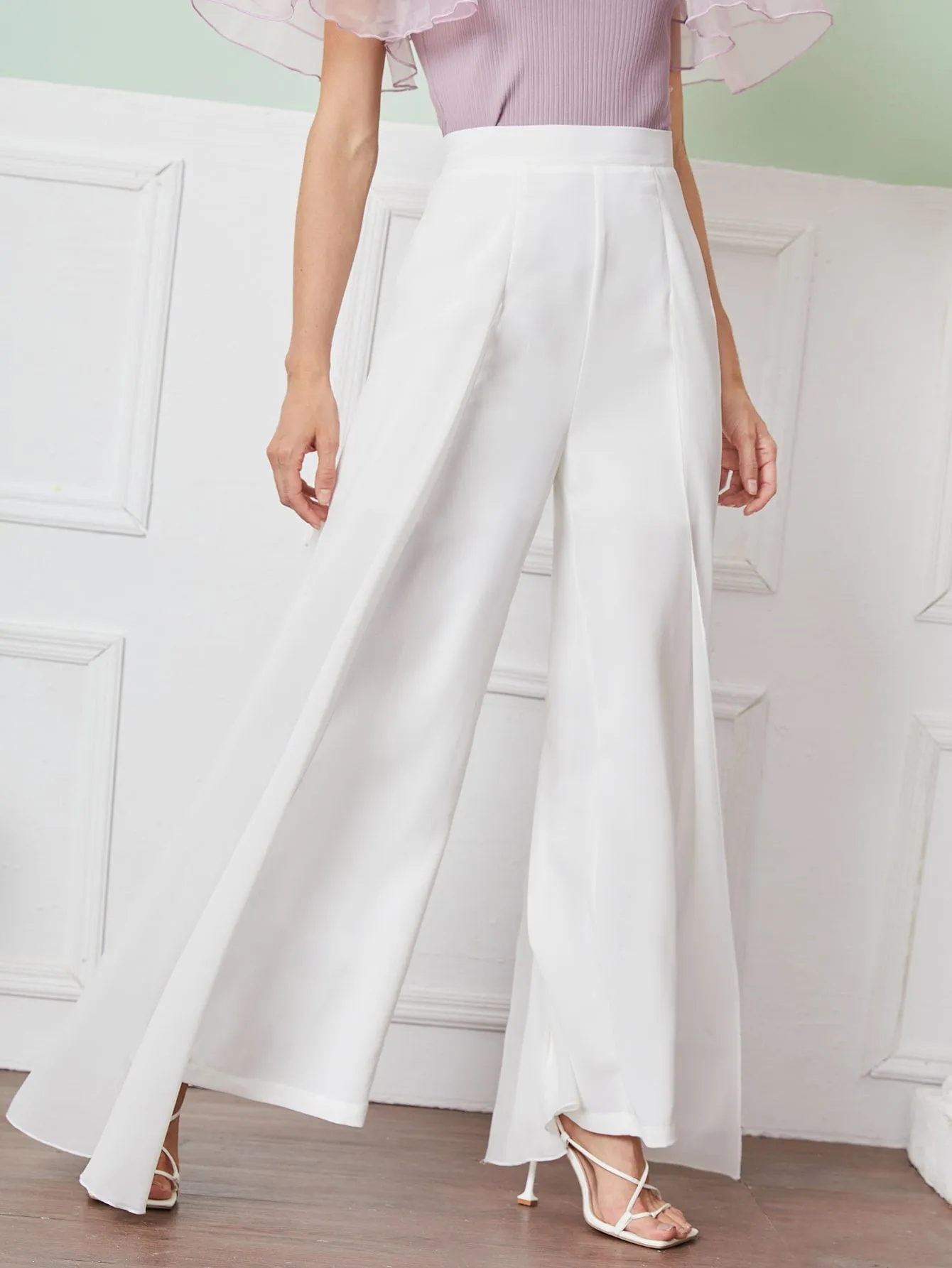 Zipper Back Wide Leg Pants With Cape