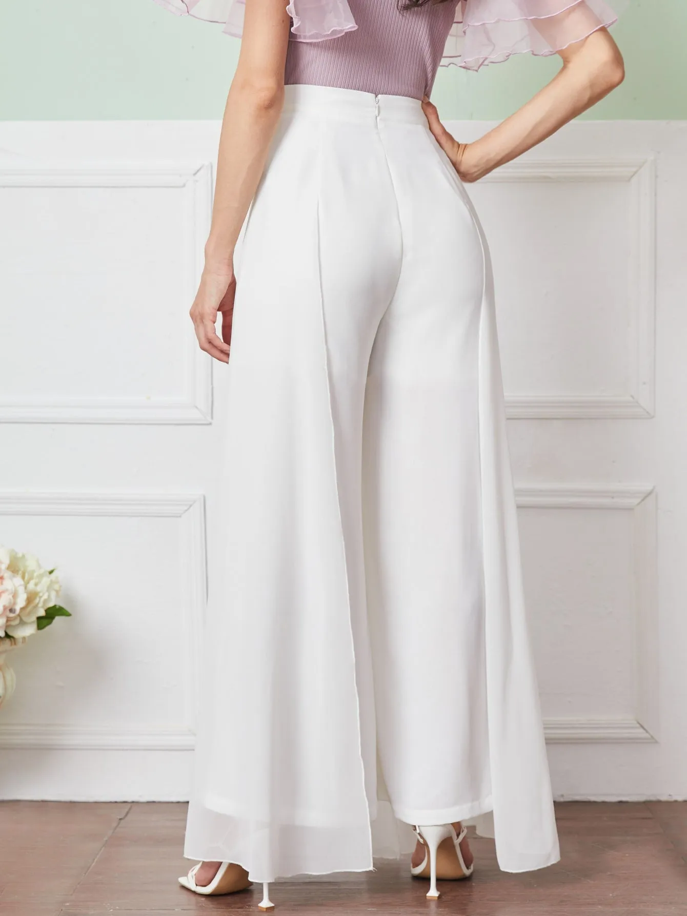 Zipper Back Wide Leg Pants With Cape